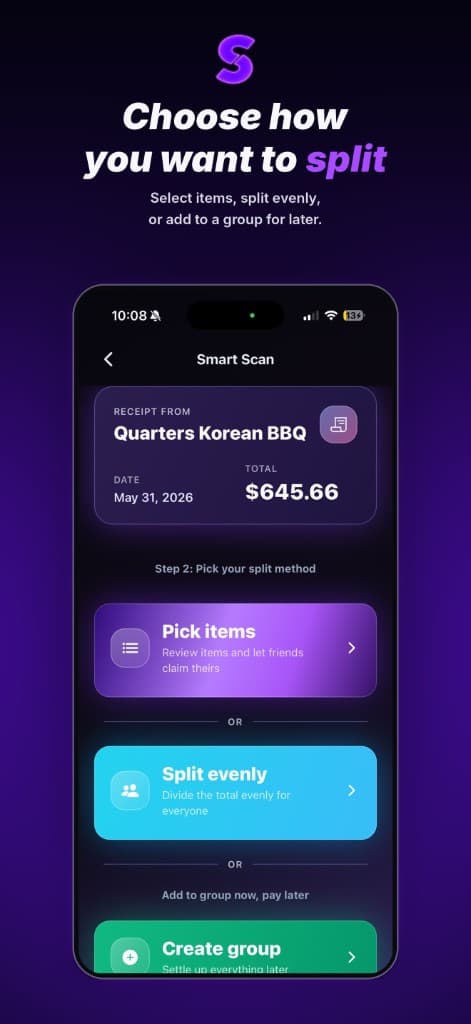 Split Mobile smart scan: after scanning a receipt, choose how to split it by picking items, splitting evenly, or creating a group to settle up later.