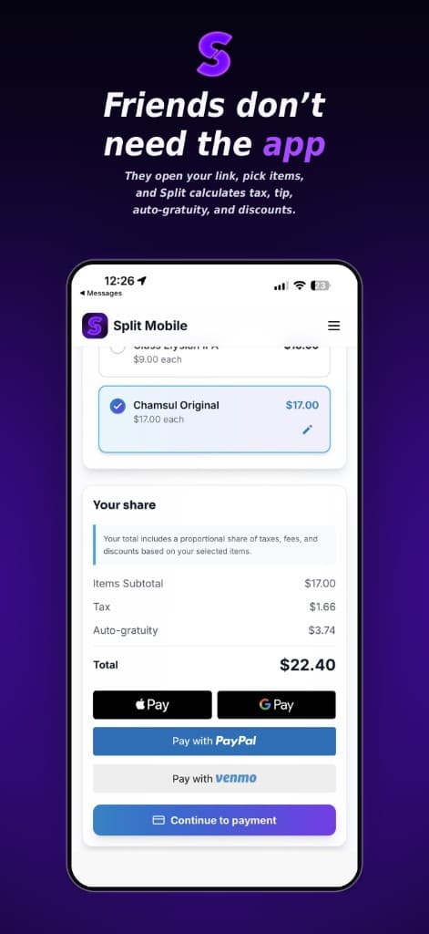Split Mobile guest checkout: a friend opens a secure link, picks their items, and sees their share with tax, auto-gratuity, and Apple Pay, Google Pay, PayPal, and Venmo options.