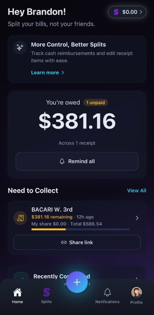 Split Mobile home dashboard showing how much you are owed, receipts left to collect on, and a share link to request payment.